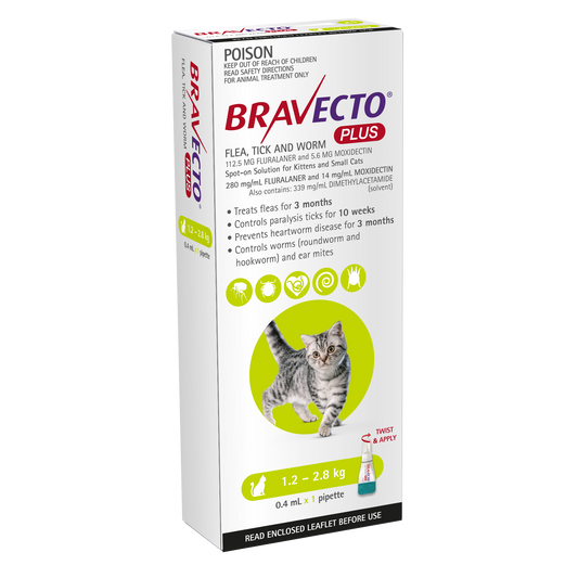 Bravecto Plus Spot-On for Cats, 2.6-6.2lbs (1.2-2.8kg)
