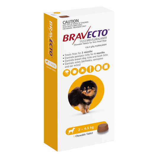 A box of bravecto for very small dogs, featuring an image of a pomeranian and information about the product's ability to treat and control fleas and ticks.